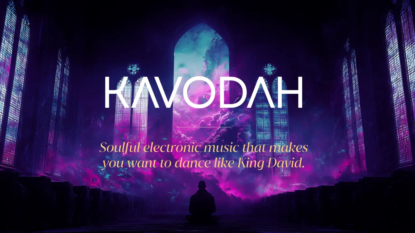 A person in meditation inside a cathedral-like space with stained glass and glowing purple and blue clouds, with the word KAVODAH overlaid.